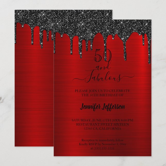 Metallischer roter Glitzer Geburtstag Einladung (Vorne/Hinten)