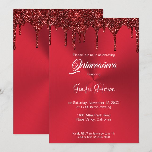Metallischer roter Glitzer Quinceanera Einladung (Vorne/Hinten)