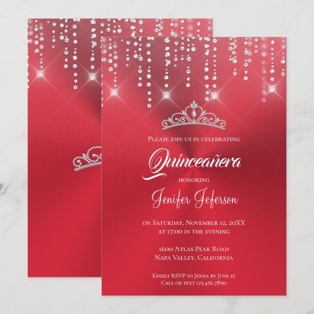 Metallischer roter Glitzer Quinceanera Einladung (Vorne/Hinten)