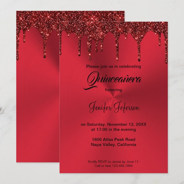 Metallischer roter Glitzer Quinceanera Einladung (Vorne/Hinten)