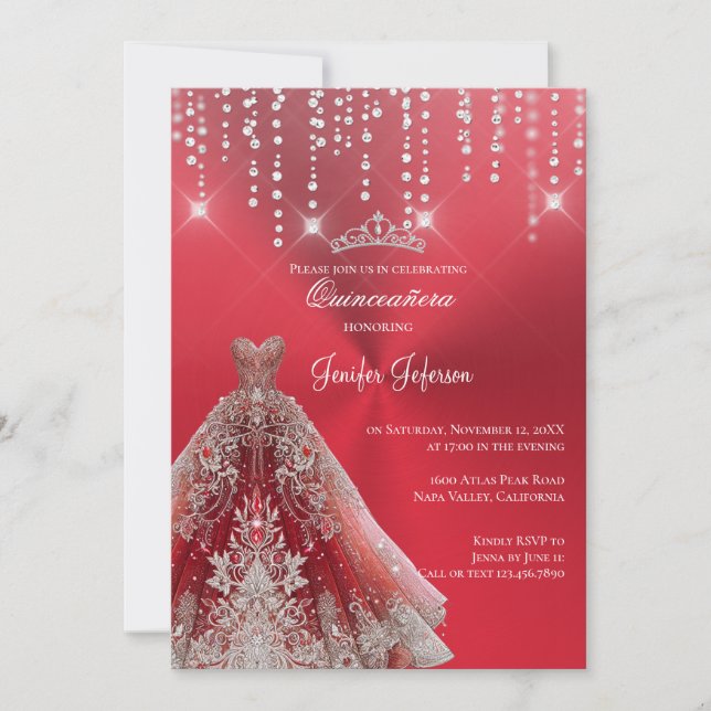 Metallischer roter Glitzer Quinceanera Einladung (Vorderseite)