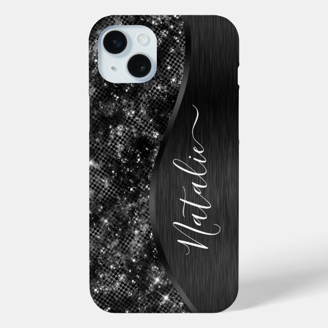 Metallischer Schwarzer Glitzer Personalisiert Case-Mate iPhone Hülle (Rückseite)