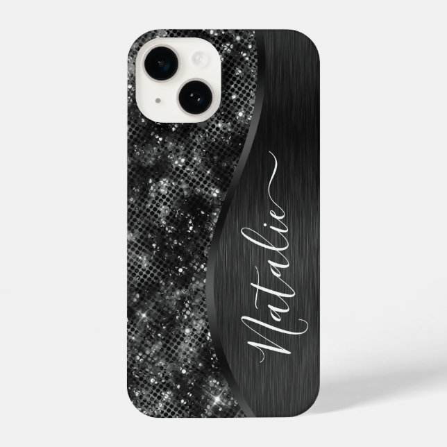 Metallischer Schwarzer Glitzer Personalisiert iPhone 14 Hülle (Rückseite)