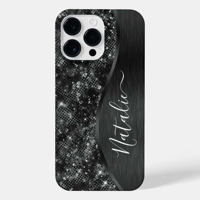 Metallischer Schwarzer Glitzer Personalisiert iPhone 14 Pro Max Hülle (Rückseite)