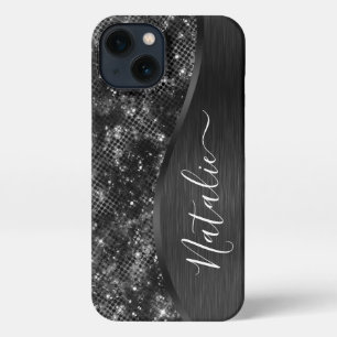 Metallischer Schwarzer Glitzer Personalisiert iPhone Hülle