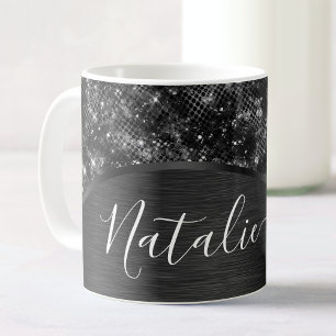 Metallischer Schwarzer Glitzer Personalisiert Kaffeetasse