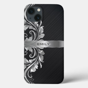 Metallischer Silber floraler Swirl Schwarzer Hinte iPhone 13 Hülle