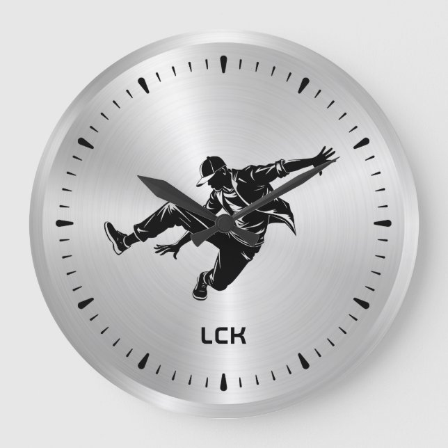 Metallischer Silver Black Silhouette Hip Hop Dance Große Wanduhr (Vorderseite)