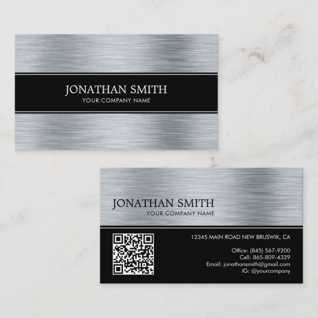 Metallischer Stainless Steel Moderner Black QR Cod Visitenkarte (Vorne/Hinten)