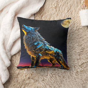 Metallischer Wolf heult unter Vollmond Kissen