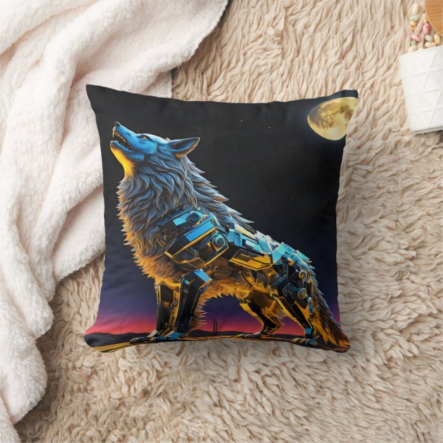 Metallischer Wolf heult unter Vollmond Kissen (Decke)