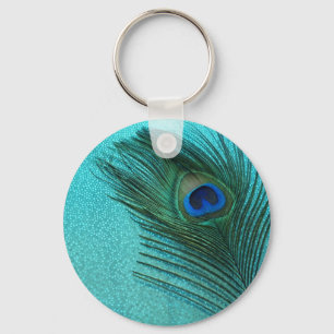 Metallisches Aqua-blaue Pfau-Feder Schlüsselanhänger
