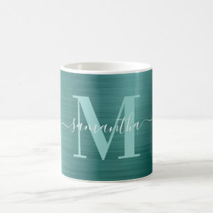 Metallisches Aqua Türkis Signature Monogramm Kaffeetasse
