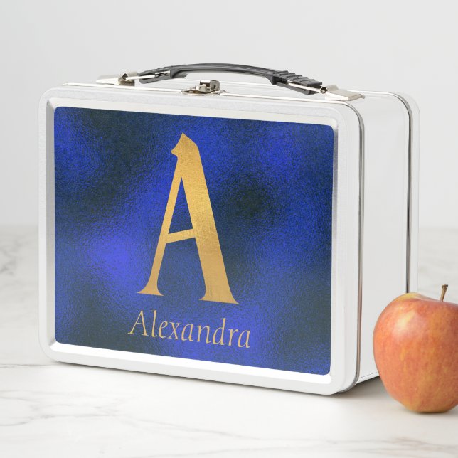 Metallisches Blau und Gold Monogramm A Metall Brotdose (Beispiel)