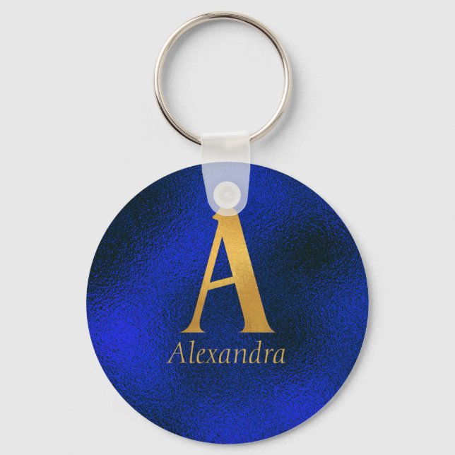 Metallisches Blau und Gold Monogramm A Schlüsselanhänger (Vorderseite)