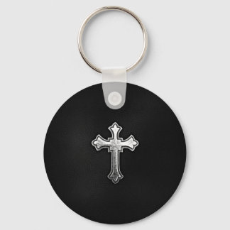 Metallisches Crucifix auf schwarzem Leder Schlüsselanhänger