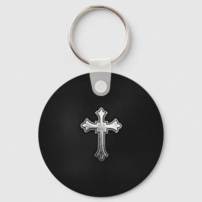 Metallisches Crucifix auf schwarzem Leder Schlüsselanhänger (Vorderseite)