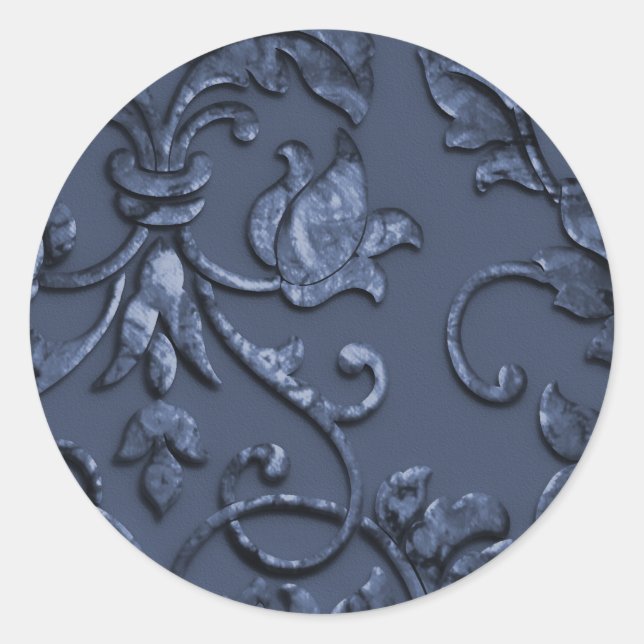 Metallisches Embossed Look Damask in Slate Blue Runder Aufkleber (Vorderseite)
