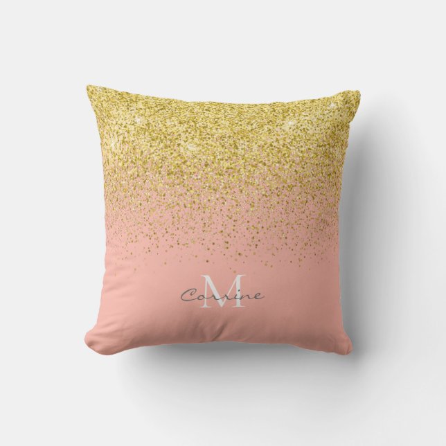 Metallisches Gold Glitzer Regen + Rose Quarzmonogr Kissen (Vorderseite)