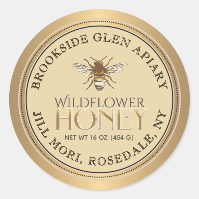 Metallisches Gold-Honey-Label mit gepunkteten Bien Runder Aufkleber (Vorderseite)