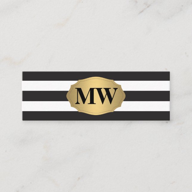 Metallisches Gold Label Schwarz-weiß Stripes Monog Mini Visitenkarte (Vorderseite)
