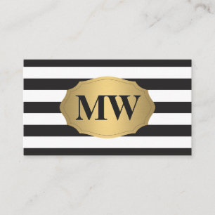 Metallisches Gold Label Schwarz-weiß Stripes Monog Visitenkarte