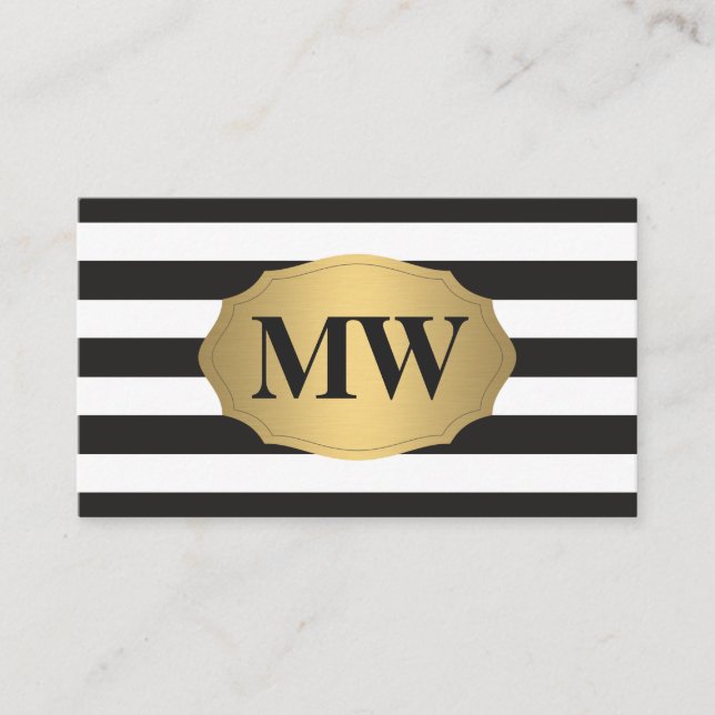 Metallisches Gold Label Schwarz-weiß Stripes Monog Visitenkarte (Vorderseite)