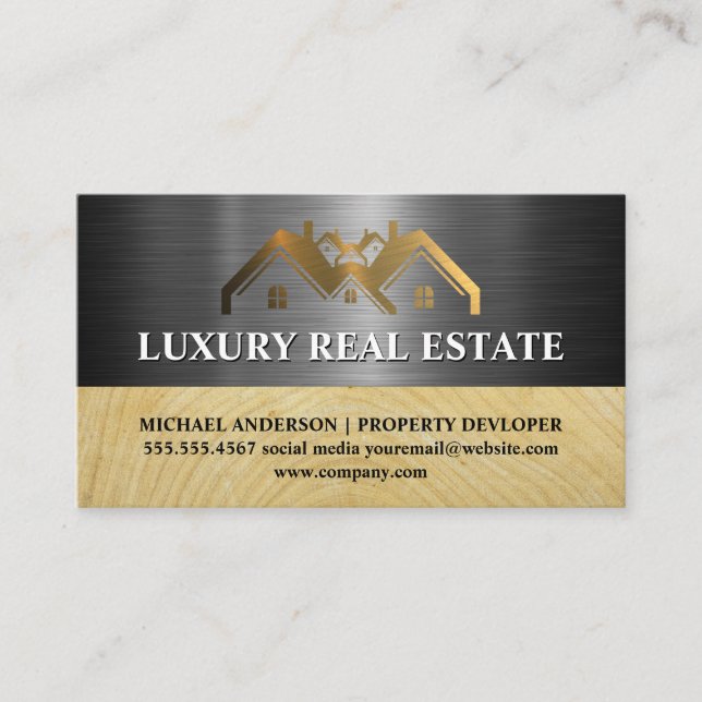 Metallisches Gold-Property-Logo | Metall | Holzkör Visitenkarte (Vorderseite)