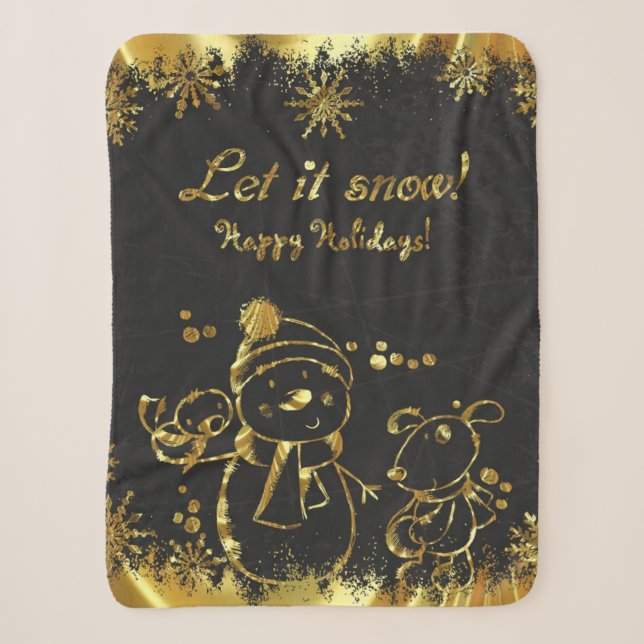 Metallisches Gold und Schwarz - Frohe Weihnachten Sherpadecke (Vorderseite)