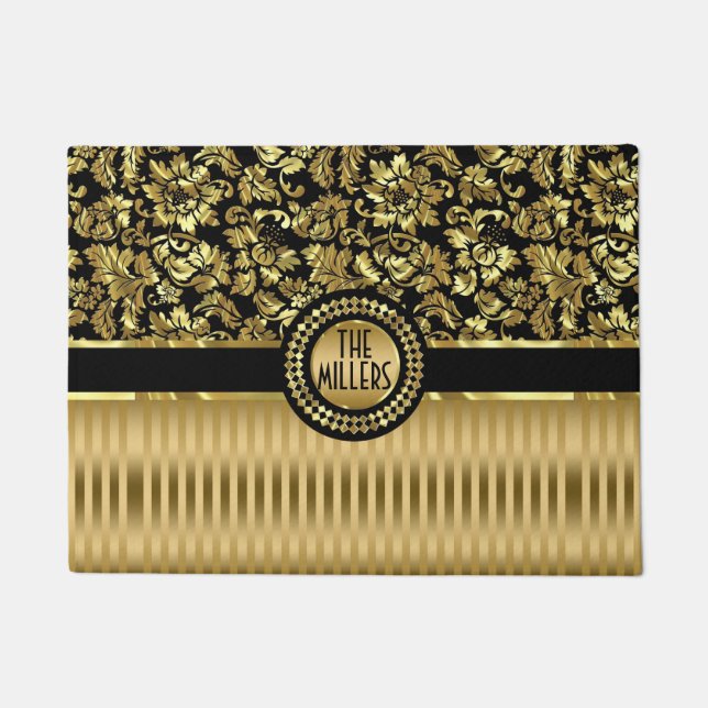 Metallisches Gold und schwarze Damasken und Streif Fußmatte (Vorderseite)