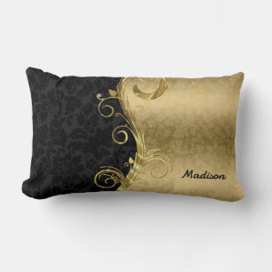 Metallisches Gold und schwarze Flora Damaskus Lendenkissen