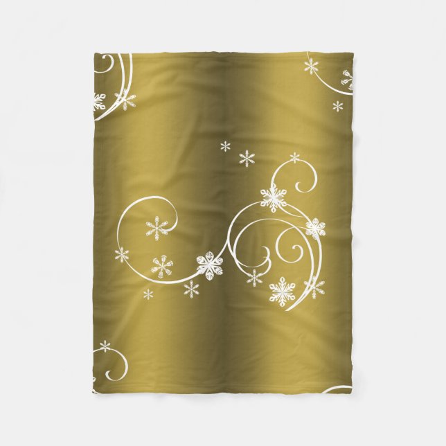 Metallisches Gold, weiße Wirbel Weihnachten Fleecedecke (Vorderseite)