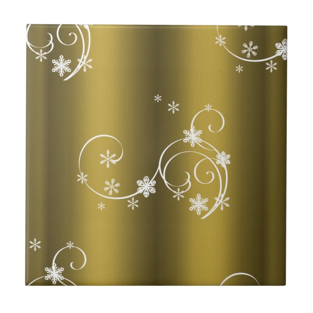 Metallisches Gold, weiße Wirbel Weihnachten Fliese (Vorderseite)