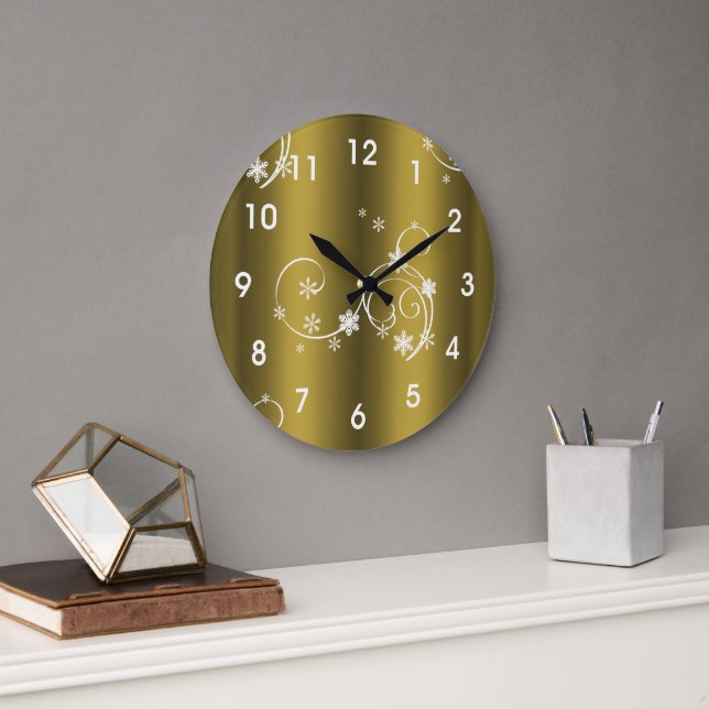 Metallisches Gold, weiße Wirbel Weihnachten Große Wanduhr (Büro)