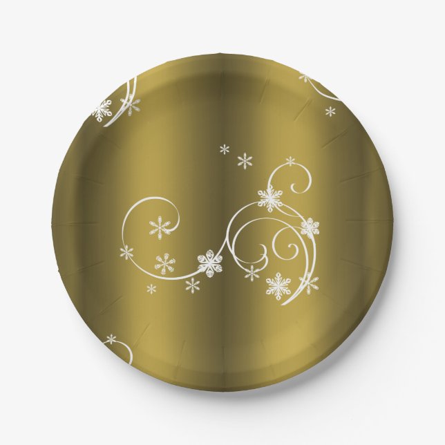 Metallisches Gold, weiße Wirbel Weihnachten Pappteller (Vorderseite)