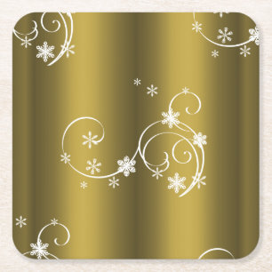 Metallisches Gold, weiße Wirbel Weihnachten Rechteckiger Pappuntersetzer