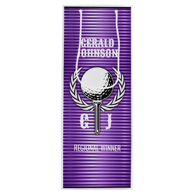 Metallisches Lila Lines Golf Monogram Design Geschenktüte Für Weinflaschen (Vorderseite)