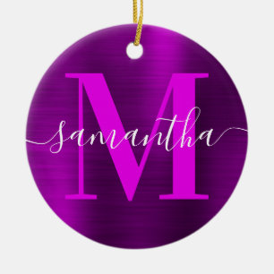 Metallisches Magenta-Lila-Signatur-Monogramm-Foto Keramik Ornament