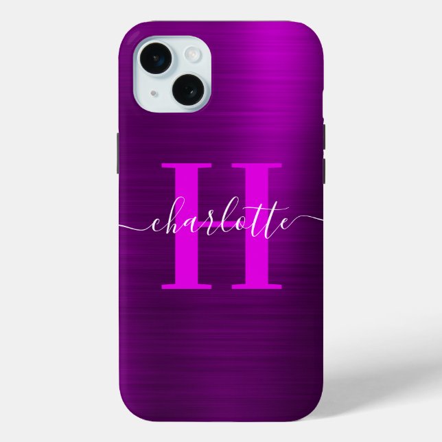 Metallisches Magenta Lila Signature Monogramm Case-Mate iPhone Hülle (Rückseite)