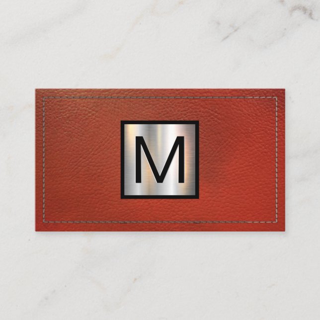 Metallisches Monogramm-Banner | Rotes Leder Visitenkarte (Vorderseite)