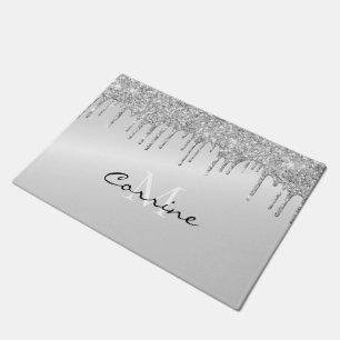 Metallisches Platin-Monogramm-Silber-Drift-Glitzer Fußmatte