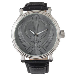 Metallisches prägeartiges Khanda Symbol Armbanduhr