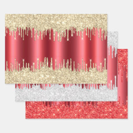 Metallisches Red Christmas Dripping Glitzer Combo Geschenkpapier Set