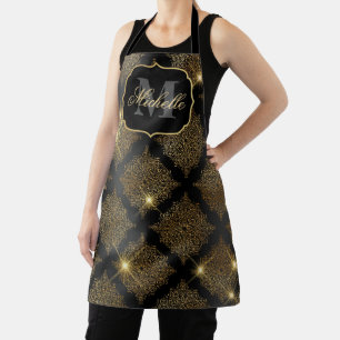 Metallisches Schwarz & Gold Glitter Glam Filigree Schürze