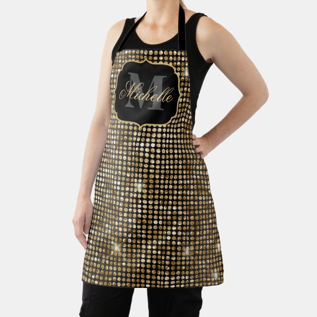 Metallisches Schwarz-Gold-Glitzer-Glam-Dots-Monogr Schürze (InSitu)