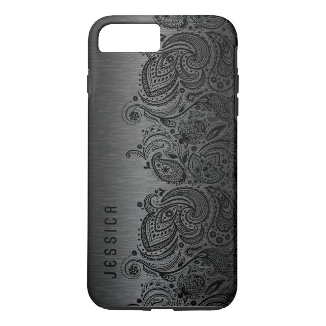 Metallisches Schwarz mit schwarzer Paisley-Spitze Case-Mate iPhone Hülle (Rückseite)
