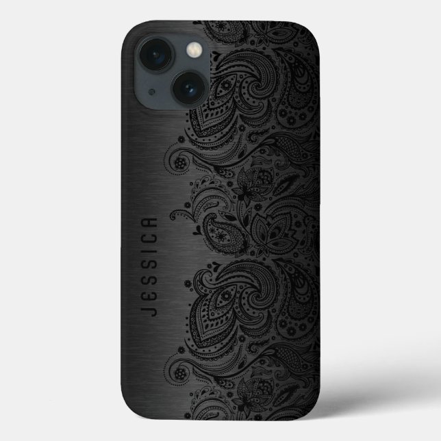 Metallisches Schwarz mit schwarzer Paisley-Spitze Case-Mate iPhone Hülle (Rückseite)