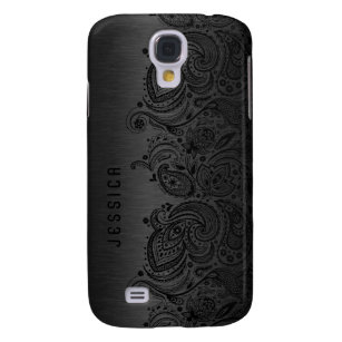 Metallisches Schwarz mit schwarzer Paisley-Spitze Galaxy S4 Hülle