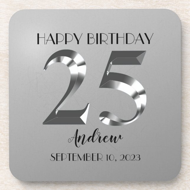 Metallisches Silber 25. Geburtstag Getränkeuntersetzer (Vorderseite)
