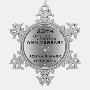 Metallisches Silber 25. Hochzeitsszenario Schneeflocken Zinn-Ornament